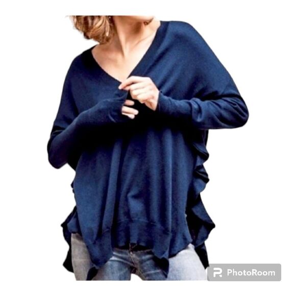 Moth Navy Wool Cotton Ruffle Slit V-Neck Sweater Medium - Picture 1 of 8